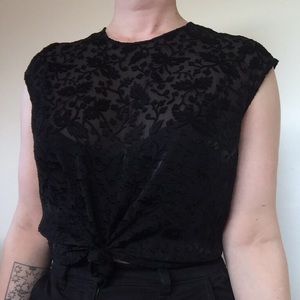 Vintage Black Floral Silk Burnout Sheer Top